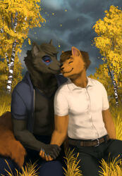  anthro autumn canid canine canis clothed clothing cloud cloudy_sky cuddling digital_media_(artwork) duo hair hand_holding hi_res leaf male male/male mammal plant romantic romantic_couple sky techiesxc tree wolf 