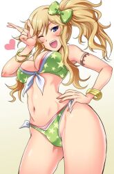  armlet bare_shoulders bikini blonde_hair blue_eyes blush bow bracelet breasts cleavage cowboy_shot female front-tie_bikini_top front-tie_top gold_bracelet gradient_background green_bikini green_ribbons hair_ribbon hairbow hand_on_own_hip hand_up heart idolmaster idolmaster_cinderella_girls idolmaster_cinderella_girls_starlight_stage jewelry large_breasts long_hair looking_at_viewer multiple_bracelets nail_polish navel ohtsuki_yui one_eye_closed open_mouth pink_nails print_bikini print_ribbon ribbon side-tie_bikini_bottom simple_background smile solo standing star_(symbol) star_print swimsuit teeth upper_teeth_only w wavy_hair yellow_background yokoyama_naoki 