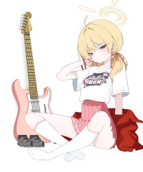  absurdres ahoge blonde_hair blue_archive full_body guitar halo high-waist_skirt highres indian_style instrument kneehighs looking_at_viewer low_twintails mangpum_(taro109210) medium_hair panties panty_peek pink_skirt pleated_skirt print_shirt shirt shoes sitting skirt socks sweat t-shirt twintails underwear unworn_shoes white_background white_panties white_socks yellow_eyes yoshimi_(band)_(blue_archive) yoshimi_(blue_archive) 