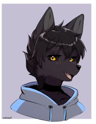  anthro black_nose black_sclera canid canine canis clothed clothing darkwolf_(darkwolfdemon) digital_media_(artwork) femboy fur hair hi_res hoodie looking_at_viewer male mammal mishabahl open_mouth solo teeth tongue topwear wolf yellow_eyes 