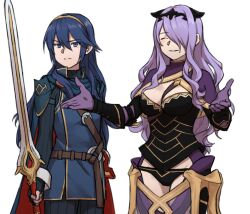  2girls armor black_panties blue_cape blue_gloves brand_of_the_exalt breasts camilla_(fire_emblem) cape cleavage closed_eyes closed_mouth falchion_(fire_emblem) fingerless_gloves fire_emblem fire_emblem_awakening fire_emblem_fates gloves hair_between_eyes hair_over_one_eye highres holding holding_sword holding_weapon large_breasts long_hair lucina_(fire_emblem) multiple_girls panties purple_gloves purple_hair red_cape shoulder_armor sword symbol_in_eye tiara two-tone_cape underwear weapon white_background zuzu_(ywpd8853) 