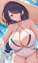  bare_shoulders black_choker black_hair blue_archive blush breasts choker cleavage collarbone covered_navel cross cross_earrings earrings female hair_over_one_eye hat highres hinata_(blue_archive) hinata_(swimsuit)_(blue_archive) jewelry large_breasts long_hair looking_at_viewer official_alternate_costume one-piece_swimsuit one_eye_covered outdoors parted_lips red_eyes see-through solo swimsuit wet white_one-piece_swimsuit yasojima_nejiro 