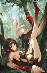  absurdres ai_dongdong animal animal_ears armpits bare_legs bare_shoulders barefoot breasts brown_hair cleavage closed_mouth colored_skin commentary detached_sleeves dress female forest gold_trim gradient_skin hair_intakes highres honkai:_star_rail honkai_(series) jewelry legs_up lingsha_(honkai:_star_rail) long_hair looking_at_viewer lying multiple_rings nature on_back on_tree pointy_ears rabbit rabbit_ears red_eyes red_skin ring smile tassel 