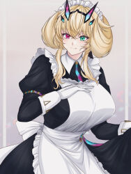  apron barghest_(fate) barghest_(swimsuit_archer)_(fate) barghest_(swimsuit_archer)_(second_ascension)_(fate) black_dress blonde_hair breasts collared_dress dress fate/grand_order fate_(series) female gloves green_eyes heterochromia horns kawairuka_ko large_breasts long_sleeves looking_at_viewer maid maid_headdress medium_hair red_eyes smile solo white_apron white_gloves 