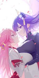  2girls alternate_costume breasts cherry_blossoms closed_mouth commentary_request flower from_side genshin_impact hair_flower hair_ornament highres hug japanese_clothes large_breasts long_hair looking_at_another miko multiple_girls omone_hokoma_agm paid_reward_available pink_hair pink_petals purple_eyes purple_flower purple_hair raiden_shogun sidelocks signature smile upper_body very_long_hair white_background yae_miko yuri 