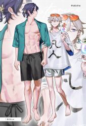  2boys alternate_costume aventurine_(honkai:_star_rail) barefoot black_male_swimwear black_shorts blonde_hair brown_hair cup dr._ratio_(honkai:_star_rail) earrings feet green_shirt hair_between_eyes heart heart-shaped_eyewear highres holding holding_cup honkai:_star_rail honkai_(series) jewelry low_ponytail male_focus male_swimwear multicolored_eyes multiple_boys muscular muscular_male navel nipples open_clothes open_shirt orange-framed_eyewear purple_eyes purple_hair shirt short_hair shorts simple_background smile stomach tankaku toes white_male_swimwear white_shirt white_shorts zoom_layer 