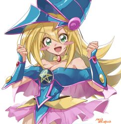  :d bare_shoulders blue_dress blue_hat blush_stickers breasts cleavage clenched_hands dark_magician_girl dress duel_monster female hair_between_eyes hat highres long_hair n_23 open_mouth pink_skirt skirt smile solo twitter_username white_background wizard_hat yu-gi-oh! 