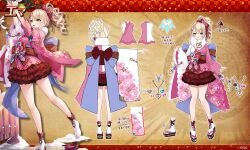  braid brown_skirt character_name dare_ga_tame_no_alchemist emma_(dare_ga_tame_no_alchemist) female floral_print frilled_skirt frills full_body gyaru japanese_clothes kimono looking_at_viewer miniskirt no_shoes obi official_alternate_costume official_art pink_kimono reference_sheet sandals sash skirt socks standing standing_on_one_leg thighs two-tone_kimono white_kimono white_socks yuui_hutabakirage zouri 