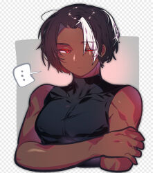  ... 1boy absurdres bare_arms bare_shoulders black_shirt closed_mouth colored_eyelashes cookie_run cropped_torso dark_choco_cookie dark_skin fake_transparency hand_on_own_arm highres humanization looking_at_viewer male_focus multicolored_hair omoyu_(nakyu715) parted_bangs pectorals red_eyes shirt short_hair simple_background sleeveless sleeveless_shirt solo spoken_ellipsis streaked_hair toned toned_male two-tone_hair very_dark_skin 