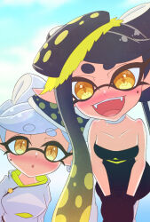  2girls :o black_dress black_gloves black_hair blush bow-shaped_hair breasts callie_(splatoon) coat commentary_request cousins dress food food_on_head gloves grey_hair highres inkling kakk_e leaning_forward long_hair looking_at_viewer marie_(splatoon) mole mole_under_eye multiple_girls object_on_head own_hands_together pointy_ears raised_eyebrows short_dress short_eyebrows short_hair splatoon_(series) splatoon_3 star-shaped_pupils star_(symbol) strapless strapless_dress sushi symbol-shaped_pupils teeth tentacle_hair thick_eyebrows upper_teeth_only white_coat 