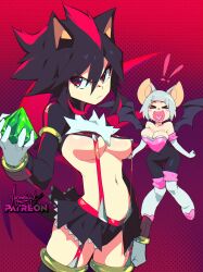  2girls absurdres adapted_costume aetherion animal_ears bat_ears bat_wings black_hair breasts chaos_emerald cosplay gloves grey_hair heart heart_in_mouth highres kill_la_kill large_breasts mankanshoku_mako matoi_ryuuko multicolored_hair multiple_girls red_hair revealing_clothes rouge_the_bat rouge_the_bat_(cosplay) shadow_the_hedgehog shadow_the_hedgehog_(cosplay) sonic_(series) suspenders two-tone_hair white_gloves wings 