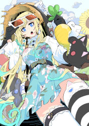  absurdres aizawa_ema animal_ear_legwear asymmetrical_legwear belt black_belt black_gloves blonde_hair breasts cat_ear_legwear creature dress earrings eyewear_on_head female floral_print gloves green_dress hat highres holding jewelry large_breasts long_hair long_sleeves looking_at_viewer open_mouth solo straw_hat striped_clothes striped_thighhighs sunglasses sword sword_on_back tetsu_booya thighhighs virtual_youtuber vspo! weapon weapon_on_back white_sleeves white_thighhighs yellow_eyes 