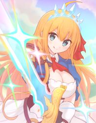  ahoge ascot blue_eyes blue_sleeves braid breasts cleavage female hair_ribbon holding holding_sword holding_weapon large_breasts orange_hair pecorine_(princess_connect!) princess_connect! red_ascot red_ribbon ribbon shrug_(clothing) side_braid solo suta_(clusta) sword tiara weapon 