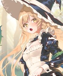  :o apron black_bow black_bowtie black_hat blonde_hair blurry blurry_background blush bow bowtie braid breasts buttons cleavage female forest frilled_hat frills hat hat_ornament highres juliet_sleeves kirisame_marisa long_hair long_sleeves mokokiyo_(asaddr) nature open_mouth plant puffy_sleeves side_braid sleeve_cuffs solo star_(symbol) star_hat_ornament sweat thorns touhou two-sided_fabric two-sided_headwear very_long_hair vines white_apron witch_hat yellow_eyes 