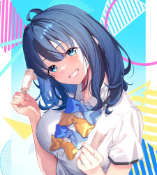  absurdres ahoge blue_bow blue_bowtie blue_hair bow bowtie breasts collared_shirt female food grin head_tilt highres holding holding_food holding_ice_cream ice_cream large_breasts ldfe_mk2 looking_at_viewer make_heroine_ga_oo_sugiru! medium_hair shirt short_sleeves smile solo summer_uniform upper_body white_shirt yanami_anna yellow_bow yellow_bowtie 