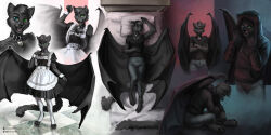  2:1 anthro bat bed beed clothed clothing collar dragon electronics felid feline furniture hair half_body headgear headphones headset headwear hybrid jacket maid_uniform male mammal mythological_creature mythological_scalie mythology on_bed pillow sad scalie solo spread_wings tail techiesxc topwear uniform wings 