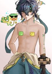  1boy 1other ajaw_(genshin_impact) arm_tattoo black_gloves black_hair censored censored_nipples closed_mouth earrings genshin_impact gloves green_eyes green_hair green_shorts hair_between_eyes headband highres jewelry kinich_(genshin_impact) looking_at_viewer male_focus midorimasann multicolored_hair muscular muscular_male navel short_hair shorts stomach tattoo topless_male 