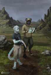  african_wild_dog anthro canid canine canis clothing cloud digital_media_(artwork) domestic_dog duo felid field futuristic grass gun hi_res hill hybrid jacket landscape leopard male mammal mountain pantherine plant prehistoric_species ranged_weapon rifle rock saber-toothed_tiger shirt storm tablet techiesxc teeth topwear weapon 