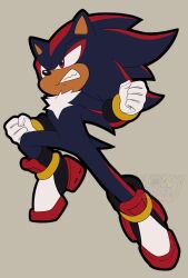  2023 absurd_res action_pose anthro black_body black_fur chest_tuft clothing eulipotyphlan footwear frown fur gloves handwear hedgehog hi_res jumping male mammal nowykowski7 pose red_eyes red_stripes scowl sega shadow_the_hedgehog shoes simple_background solo sonic_the_hedgehog_(series) stripes tan_background tan_inner_ear tuft watermark white_clothing white_gloves white_handwear 