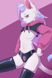  absurd_res anthro blue_hair bubble_gum clothing crop_top domestic_cat ds0ivi0 felid feline felis femboy hair hi_res humanoid latex latex_clothing latex_legwear latex_thigh_highs legwear male mammal paggi_outfit purple_eyes shirt solo stiria thigh_highs topwear white_body 