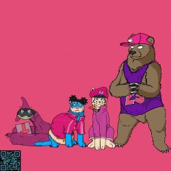  1:1 bear claws clothing cracker_island cross domestic_ferret felid feline female feral gamekun gorillaz group hat headgear headwear horned_viper jacket male mammal mustelid musteline pink_clothing pink_jacket pink_topwear reptile scalie snake topwear true_musteline weasel 