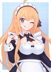  ahoge apron ascot black_ascot black_dress blue_eyes braid breasts cleavage_cutout clothing_cutout dress female maid maid_apron maid_headdress orange_hair pecorine_(princess_connect!) princess_connect! solo suta_(clusta) white_apron 