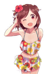  aoba_misaki arm_behind_back bare_shoulders bikini bikini_skirt blush breasts brown_eyes brown_hair collarbone cowboy_shot dot_nose female floral_print_bikini flower hair_flower hair_ornament halterneck hand_on_own_head hibiscus idolmaster idolmaster_million_live! idolmaster_million_live!_theater_days koma_tori looking_at_viewer navel one_eye_closed open_mouth red_flower short_hair side-tie_bikini_bottom signature simple_background small_breasts smile solo standing swimsuit two_side_up white_background white_bikini 