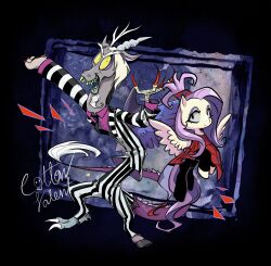  beetlejuice beetlejuice_(character) chimera clothing cosplay cottonvalent discord_(mlp) duo equid equine female fluttershy_(mlp) friendship_is_magic hasbro hi_res horn horse lydia_deetz male male/female mammal my_little_pony mythological_creature mythological_equine mythology pegasus pony purple_clothing purple_shirt purple_topwear shirt smile topwear wings 