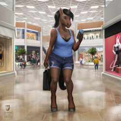  1:1 ambiguous_gender anthro background_character bag bra chair clothing detailed_background digital_media_(artwork) electronics equid equine female furniture hi_res horse lamp mall mammal phone plant shirt shopping shopping_bag solo store table techiesxc topwear tree underwear 