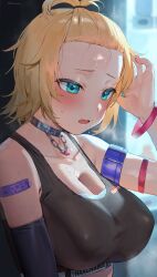  absurdres akai_haato alternate_costume asymmetrical_sleeves bandaid blonde_hair blue_eyes blurry blurry_background blush breasts breath character_name collar female forehead frikulu hair_ornament highres hololive large_breasts long_hair metal_collar short_hair single_sleeve solo sports_bra text_print virtual_youtuber wet wristband 