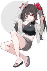  absurdres arm_up bare_legs black_hair black_shirt breasts crop_top facial_mark feet female flip-flops grey_skirt grin hair_intakes hand_up highres honkai:_star_rail honkai_(series) large_breasts legs long_hair looking_at_viewer mark_under_both_eyes midriff miniskirt navel off_shoulder open_clothes pink_eyes revision sandals shirt single_bare_shoulder skirt sleeveless sleeveless_shirt smile solo sparkle_(honkai:_star_rail) stomach sugar_(dndi888) thighs toenails toes very_long_hair white_background 