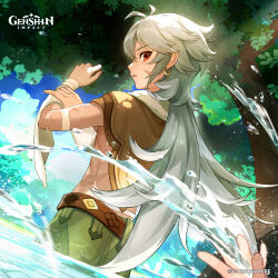  1boy absurdres belt brown_belt commentary copyright_name cowboy_shot dappled_sunlight day earrings english_commentary from_behind genshin_impact green_pants grey_hair hand_on_own_arm highres jewelry long_hair looking_at_viewer looking_back male_focus midriff official_art outdoors pants razor_(genshin_impact) red_eyes standing sunlight tree very_long_hair wading water 