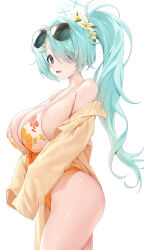  absurdres aqua_eyes aqua_hair bare_shoulders bikini blue_archive blush breasts cleavage cowboy_shot eyewear_on_head female floral_print_bikini flower hair_flower hair_ornament halo hashtag-only_commentary highres hiyori_(blue_archive) hiyori_(swimsuit)_(blue_archive) jacket large_breasts off_shoulder official_alternate_costume open_clothes open_jacket open_mouth orange_bikini ruhee side_ponytail simple_background sleeves_past_fingers sleeves_past_wrists solo sunglasses sweat swimsuit thighs white_background yellow_jacket 