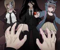  1boy 2girls aiming alternate_costume blood blood_on_hands breasts corruption danganronpa_(series) danganronpa_3_(anime) evil_smile glaring gun highres hinata_hajime holding holding_gun holding_weapon kuzuryu_natsumi large_breasts mole mole_on_breast multiple_girls nanami_chiaki non-web_source pov red_eyes smile stepped_on weapon 