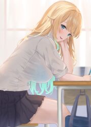  absurdres aizawa_ema aoibajiru blonde_hair blue_bra blue_eyes blue_skirt blush bra breasts desk female gradient_hair green_hair hanging_breasts highres large_breasts long_hair looking_at_viewer multicolored_hair open_mouth school_desk see-through see-through_shirt shirt sitting skirt smile solo underwear uniform virtual_youtuber vspo! white_shirt window 