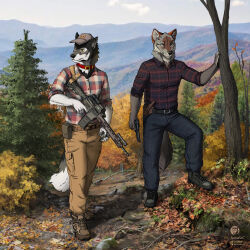  anthro branch canid canine canis clothing collar digital_media_(artwork) duo gun handgun hat headgear headwear hi_res landscape male mammal mountain pistol plant ranged_weapon rifle rock shirt shrub techiesxc topwear tree weapon wolf 