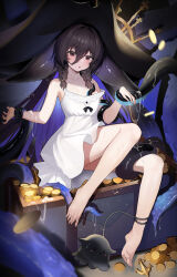  absurdres anchor arm_grab azur_lane bare_legs bare_shoulders barefoot black_hair blush braid breasts brown_hair coin dress fangfangtu female full_body gold_coin hair_between_eyes half-closed_eyes hands_up hat highres leg_grab leg_up long_hair looking_at_viewer multicolored_hair open_mouth pirate_hat purple_hair red_eyes restrained sitting sitting_on_chest small_breasts solo strap_slip tearing_up tentacle tentacle_grab tentacles_under_clothes treasure treasure_chest twin_braids two-tone_hair upskirt very_long_hair white_dress whydah_(azur_lane) 