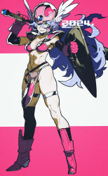  armor bikini_armor boots dragon_quest dragon_quest_iii female gloves helmet holding holding_shield holding_weapon long_hair navel pink_background sasaki_tomomi shield simple_background soldier_(dq3) solo toned_female weapon winged_helmet 