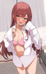  absurdres blush bra breasts cleavage commentary_request female hands_up heavy_breathing highres idolmaster idolmaster_shiny_colors indoors long_hair medium_breasts navel open_mouth osaki_amana partially_unbuttoned pink_bra red_hair shirt sleeves_past_wrists solo underwear wanimaru white_shirt yellow_eyes 