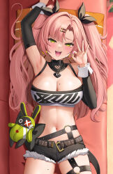  absurdres bangboo_(zenless_zone_zero) black_ribbon black_shorts breasts cleavage crop_top dakimakura_(medium) earrings female green_eyes hair_ornament hair_ribbon hairclip heart heart_earrings highres jewelry keine09 large_breasts long_hair looking_at_viewer mole mole_on_thigh navel nicole_demara open_mouth pink_hair ribbon shorts smile solo thighhighs two_side_up zenless_zone_zero 