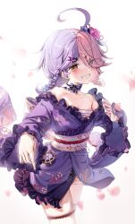  :d absurdres ahoge benghuai_xueyuan breasts chest_sarashi female flower frilled_kimono frills hair_flower hair_ornament hair_over_one_eye heterochromia highres honkai_(series) japanese_clothes kimono multicolored_hair obi petals pink_flower pink_hair pink_rose purple_eyes purple_hair purple_kimono rose sarashi sash sharp_teeth short_hair simple_background sin_mal sin_mal0909 small_breasts smile solo teeth thigh_strap two-tone_hair white_background yellow_eyes yukata 