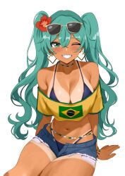  absurdres aqua_eyes aqua_hair bikini black_bikini bracelet brazilian_flag brazilian_flag_print brazilian_miku breasts cleavage dark-skinned_female dark_skin earrings exposed_pocket eyewear_on_head female flower hair_flower hair_ornament hatsune_miku highres jewelry kinomiki large_breasts long_hair midriff multiple_bracelets navel off-shoulder_shirt off_shoulder rectangular_earrings shirt shorts shorts_tan simple_background solo sunglasses swimsuit tan tanlines twintails vocaloid white-framed_eyewear white_background 