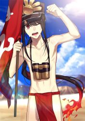  1boy abs arm_up beach biceps binoculars black_hair blue_sky blunt_bangs blurry blurry_background clenched_hand cloud collarbone cowboy_shot dripping fate/grand_order fate_(series) fiery_hair flag groin groin_tendon hair_between_eyes hat highres hill holding holding_flag kepi kiritani846 lens_flare long_hair looking_at_viewer low_ponytail military_hat navel oda_nobukatsu_(fate) one_eye_closed open_mouth outdoors pale_skin pelvic_curtain red_eyes red_flag red_loincloth sky solo sparkle stomach topless_male v-shaped_eyebrows very_long_hair wet 