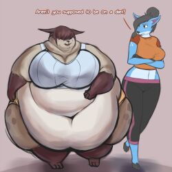  1:1 2015 3_toes anthro barefoot belly belly_rolls big_belly big_breasts big_cheeks black_hair blue_body bottomwear breasts brown_hair chubby_cheeks cleavage clothed clothing covered_eyes crop_top crossed_arms deer dialogue doe_(pewbutt) double_chin duo english_text fat_rolls feet felid feline female front_view hair hair_over_eyes hooves hotpants huge_belly love_handles lynx mammal midriff morbidly_obese morbidly_obese_anthro morbidly_obese_female navel neck_rolls obese obese_anthro obese_female overweight overweight_anthro overweight_female pants partially_clothed pewbutt shirt shorts simple_background size_difference snow_(pewbutt) spots tank_top text thick_thighs toes topwear walking wide_hips 