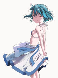  arms_behind_back bikini blue_bikini blue_hair breasts commentary female from_side halterneck highres looking_at_viewer mahou_shoujo_madoka_magica mahou_shoujo_madoka_magica_(anime) marutaya miki_sayaka one_eye_closed short_hair simple_background skirt solo standing swimsuit white_background white_skirt wind 