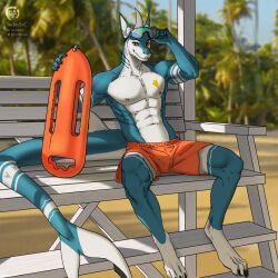  anthro beach bench clothing coconut_tree digital_media_(artwork) eyewear fish fruit_tree glasses hi_res lifeguard male marine muscular muscular_anthro muscular_male palm_tree plant sand shark solo swimming_trunks swimwear techiesxc tree 