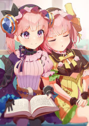  2girls absurdres applepie_1201 asymmetrical_sleeves atelier_(series) atelier_lydie_&amp;_suelle belt black_gloves book breasts closed_eyes closed_mouth commentary_request cowboy_shot gloves hair_ornament hairband highres holding holding_book long_hair long_sleeves lydie_malen medium_breasts multiple_girls neck_ribbon open_book own_hands_together pink_eyes pink_hair puffy_sleeves ribbon short_hair siblings sideboob sisters sitting sleeping sleeping_on_person sleeping_upright smile suelle_malen twins yellow_ribbon 