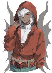  1boy baal_(megami_tensei) belt closed_mouth colored_sclera commentary_request cropped_arms cropped_legs hood hooded_jacket isa_(peien516) jacket male_focus midriff navel red_eyes red_jacket red_sclera shin_megami_tensei smile solo white_hair zipper zipper_pull_tab 