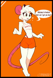  anthro bottomwear bulge clothed clothing english_text femboy femboy_hooters fur hair hi_res hooters hooters_uniform male mammal murid murine nyxartstation rat rodent shirt shorts simple_background smile solo tail tank_top text text_on_clothing text_on_shirt text_on_tank_top text_on_topwear topwear 