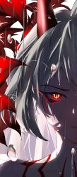  absurdres acheron_(honkai:_star_rail) acheron_(izumo)_(honkai:_star_rail) alyome blood blood_from_eyes body_markings closed_mouth commentary female flower highres honkai:_star_rail honkai_(series) horns limited_palette long_hair looking_at_viewer official_alternate_color portrait rain red_eyes red_flower red_horns serious solo water_drop wet white_hair 